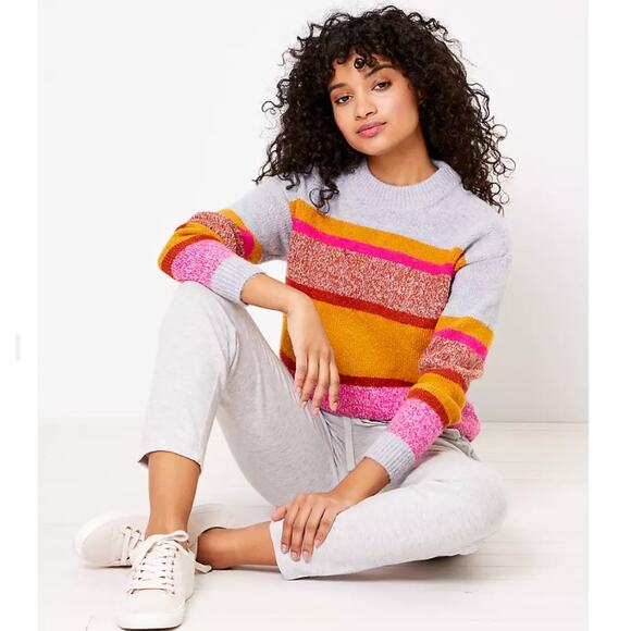 NWT LOFT Lou & Grey Pink/Gold/Grey Multi Striped Crewneck Sweater - Picture 2 of 9